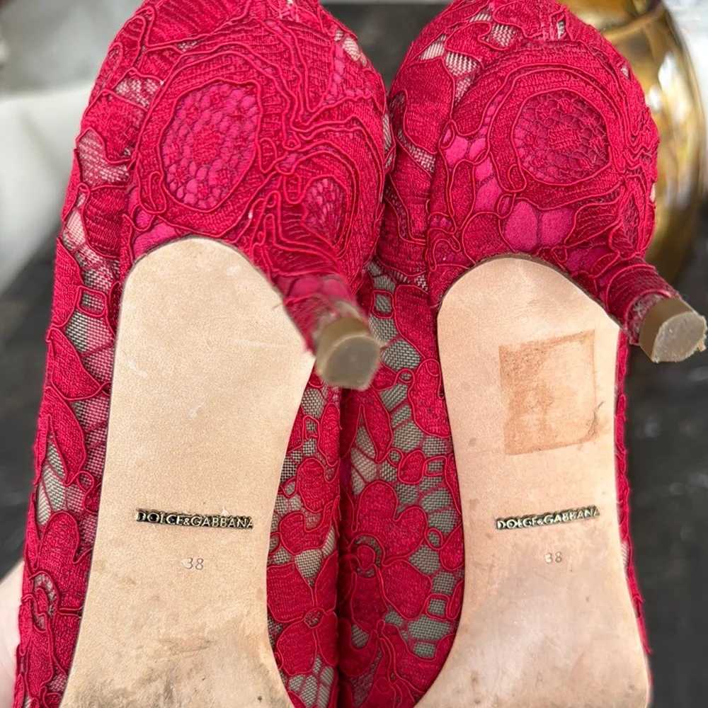 Dolce & Gabbana Red Lace Embellished Women's Shoes